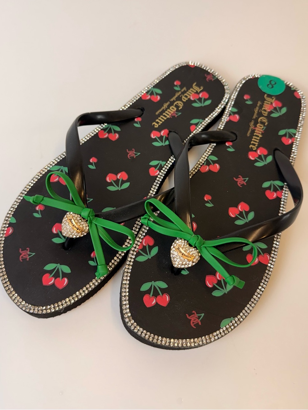 Juicy Couture Flip-Flops Slurpy Spring Rhinestones Heart Cherry Print Bow Size 8